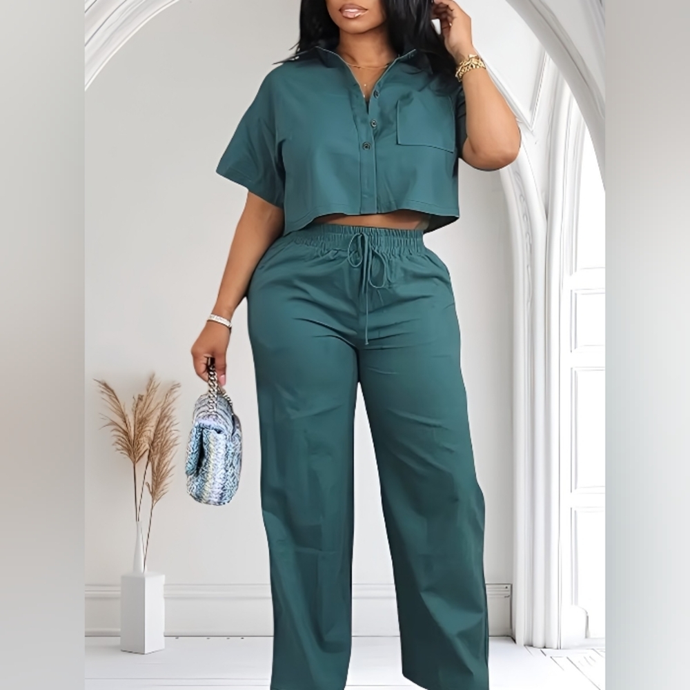 Women's Casual Chic Solid Color Set with Short Sleeve T-Shirt & Drawstring Wide